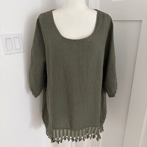 Lungo L’Arno Linen Tunic Top 1X Olive Green Boho Crochet Hem Lagenlook Italy*F1